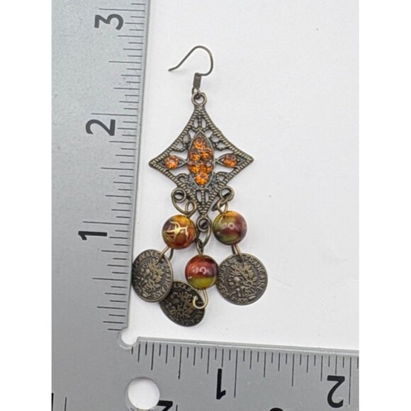 Vintage French Coin Chandelier Earrings Dangle with Orange Rhinestones Retro - Picture 3 of 6